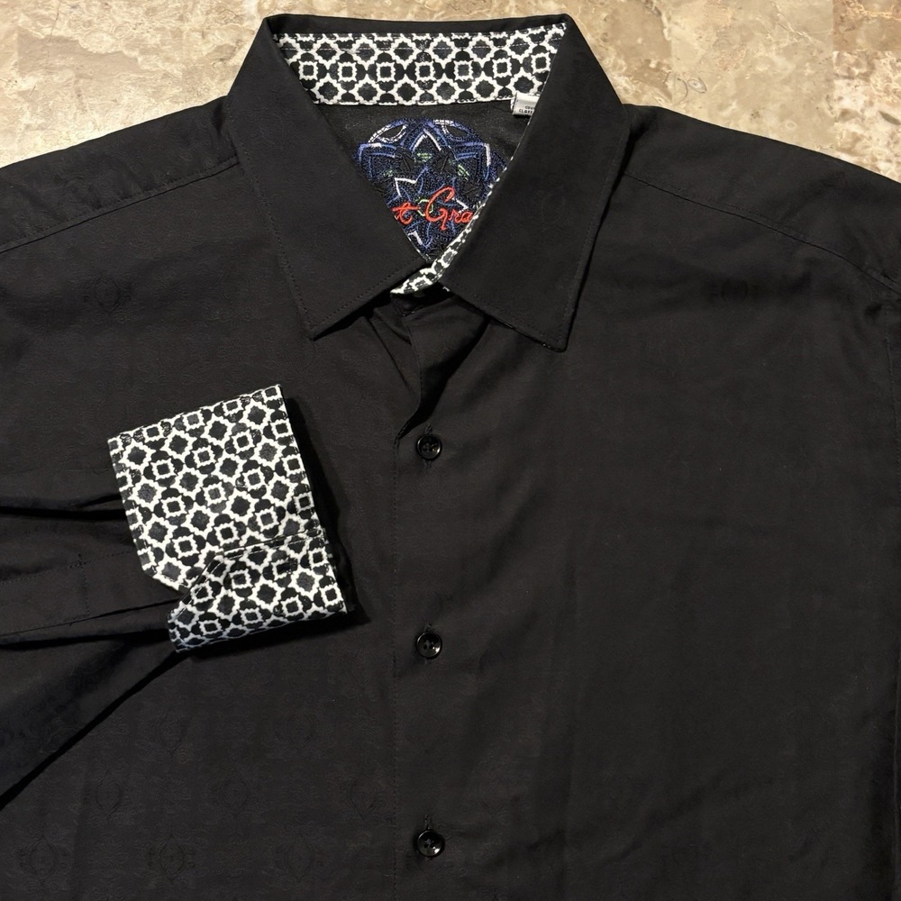 Robert Graham Shirt Mens Medium Black Classic Fit Paisley Abstract Flip Cuff